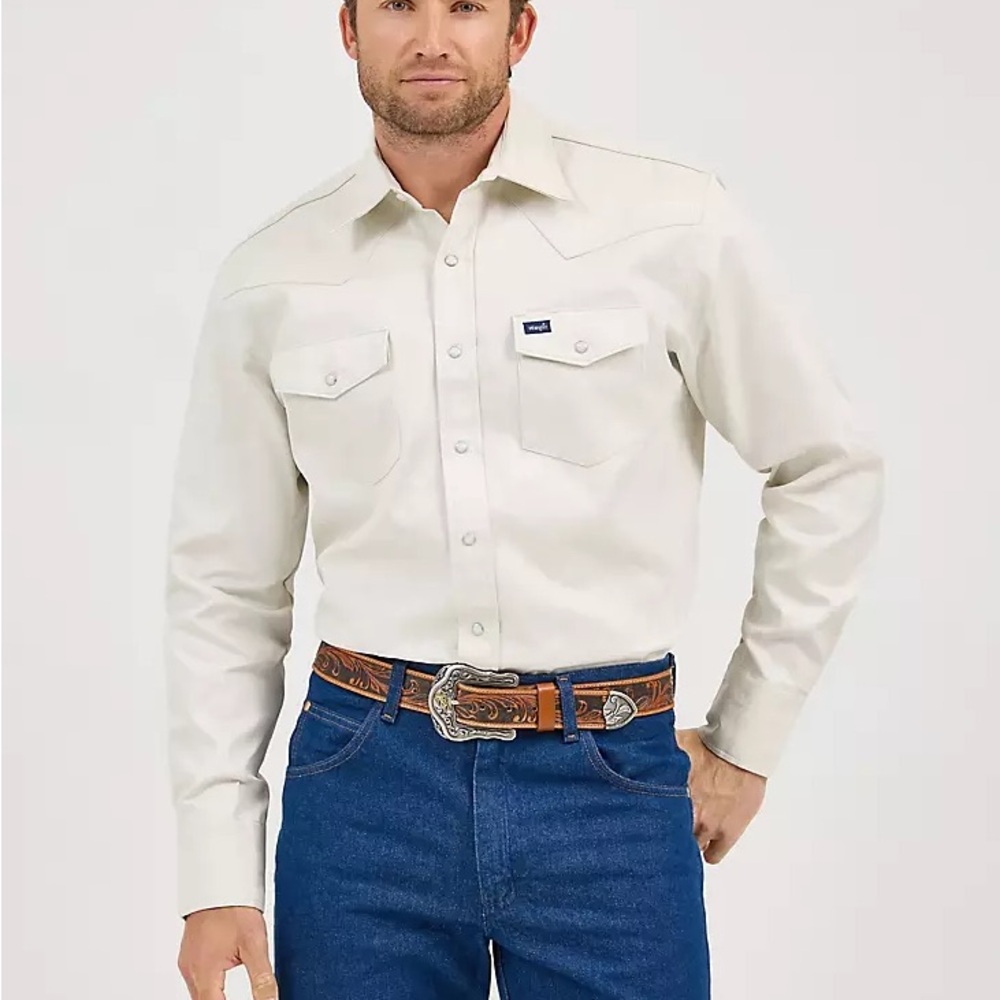 Men's Wrangler COWBOY CUT® FIRM FINISH TWILL WESTERN SNAP WORK SHIRT (Stone)